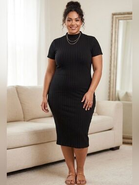 SHEIN Black Ribbed Short-Sleeve Midi Dress